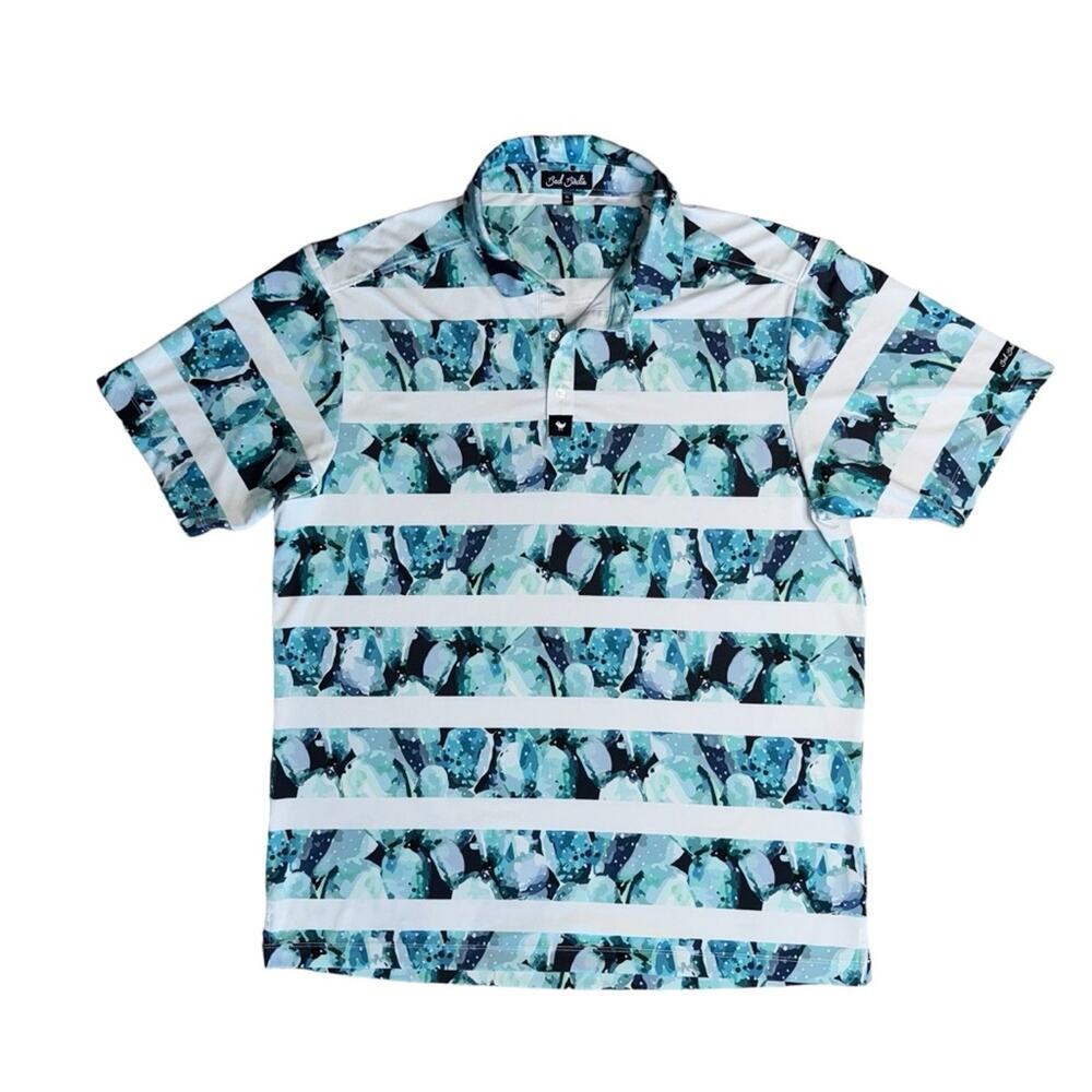 BAD BIRDIE Navy Teal Striped Print Golf Polo Shirt Men’s